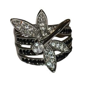 STUNNING 18K RGP Dragonfly Black & Clear Stone Statement Cocktail Ring
